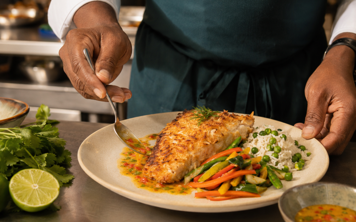 Chef carefully plating coconut-crusted local snapper with rice, sautéed vegetables and citrus pepper sauce.