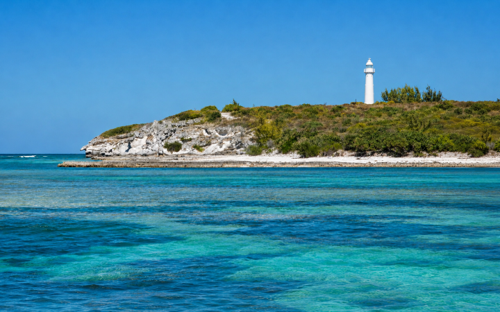 Grand Turk Lighthouse overlooking the turquoise coastal waters of Grand Turk, Turks and Caicos Islands